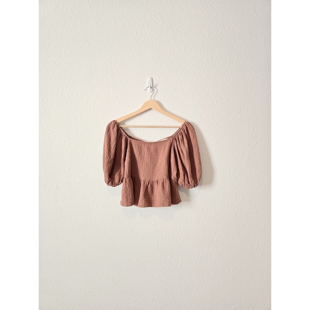 Altar'd State Brown Cotton Gauze Puff Sleeve Top S